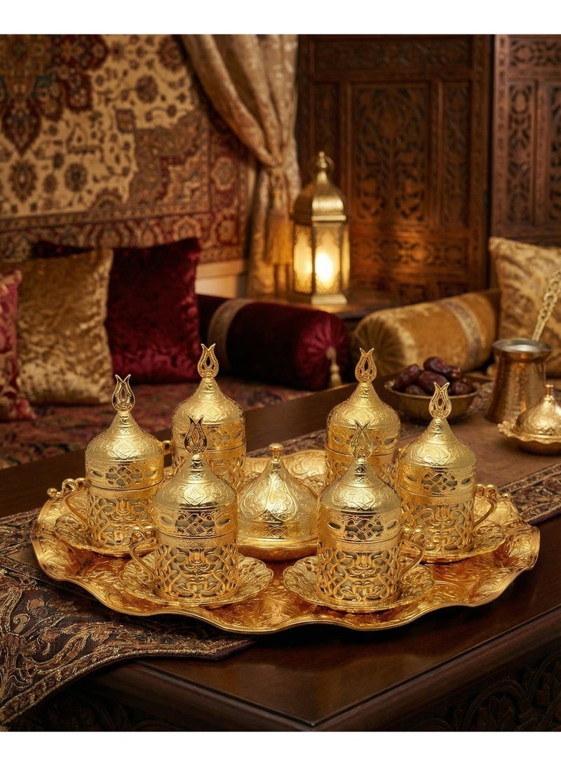 Acar Turkish Greek Arabic Coffee Serving Set for Six – Includes Porcelain Cups, Copper Saucers, Cup Holders, Lids, Sugar Bowl with Lid, and Copper Tray – Antique Gold Finish, Crafted in Türkiye - Image 1